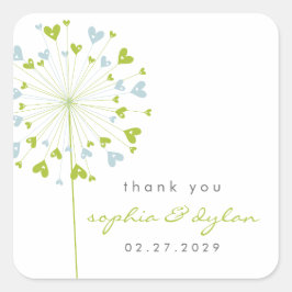 Blue & Green Dandelion Blume Liebe Hearts Wedding Quadratischer Aufkleber