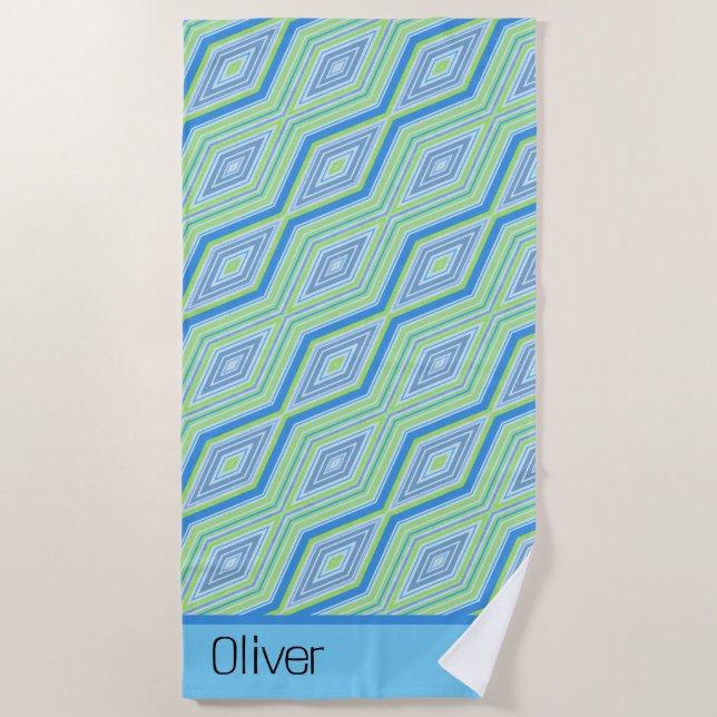 Blue Green Diagonal Diamond Retro Name Handtuch (Vorderseite)
