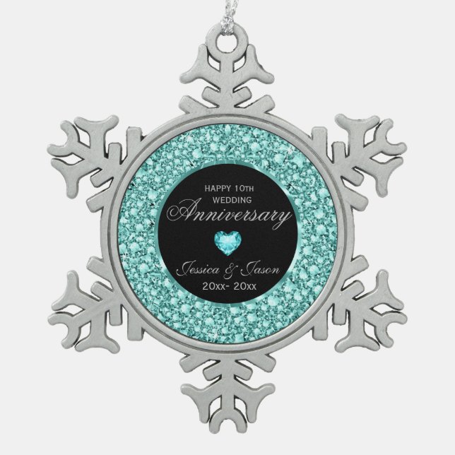 Blue-Green Diamonds Glitzer 10 Jahre Schneeflocken Zinn-Ornament (Vorderseite)