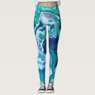 Blue Green Digital Marble Fluid Art Leggings