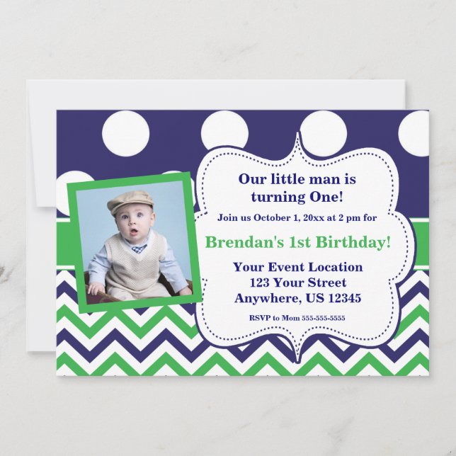 Blue Green Dots Zickzack Foto Geburtstag Einladung (Vorderseite)