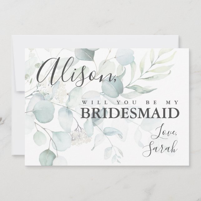 Blue Green Eucalyptus Bridesmaid Vorschlag Card Einladung (Vorderseite)