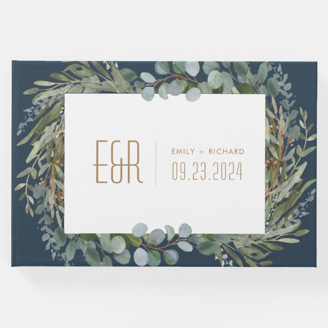 Blue Green Eukalyptus Frame Gold auf Weiß Gästebuch (Vorderseite)