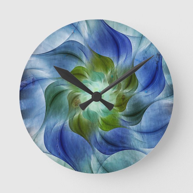 Blue Green Flame Fraktal Blume Runde Uhr (Vorderseite)