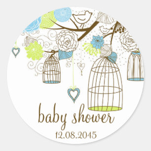 Blue & Green Floral Birdcages Baby Shockaufkleber Runder Aufkleber