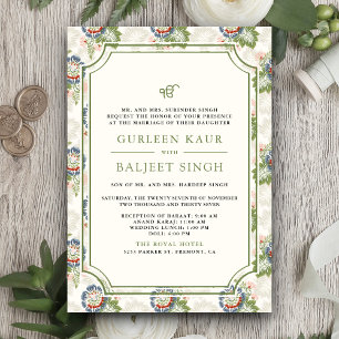 Blue Green Floral Ikat Anand Karaj Sikh Wedding Einladung