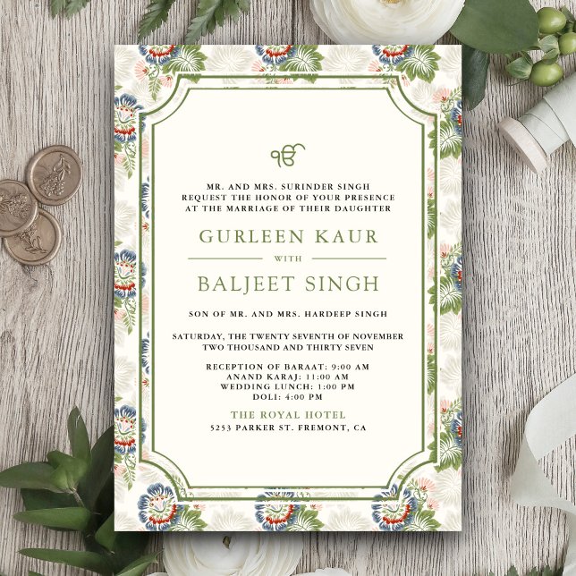 Blue Green Floral Ikat Anand Karaj Sikh Wedding Einladung (Von Creator hochgeladen)