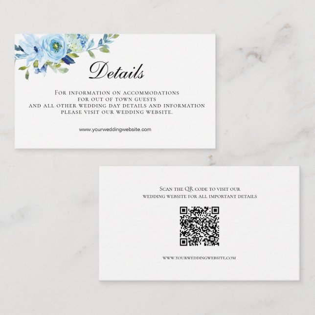 Blue Green Floral QR Code Hochzeitdetails Begleitkarte (Vorne/Hinten)