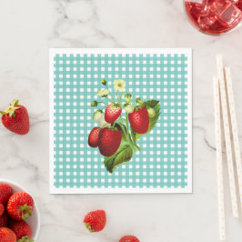 Blue Green Gingham & Strawberries Luncheon Paper Serviette