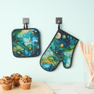 Blue Green Gold Alcohol Ink Cosmos Ofenhandschuh & Topflappen-Set
