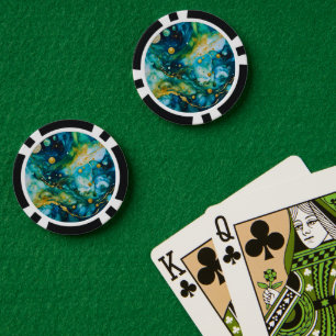Blue Green Gold Alcohol Ink Cosmos Pokerchips