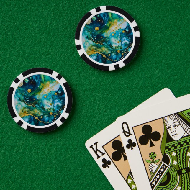Blue Green Gold Alcohol Ink Cosmos Pokerchips (Pokertisch (doppelt))