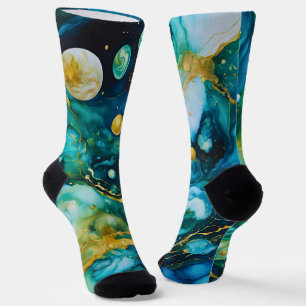 Blue Green Gold Alcohol Ink Cosmos Socken