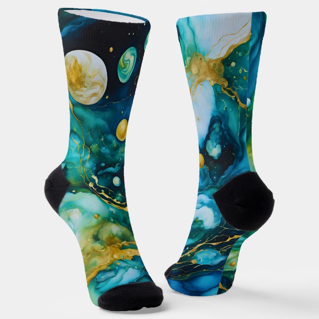 Blue Green Gold Alcohol Ink Cosmos Socken (Gewinkelt)