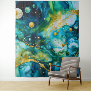 Blue Green Gold Alcohol Ink Cosmos Wandteppich