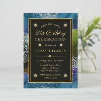 Blue, Green & Gold Glitzer Agate 21. Geburtstag Einladung