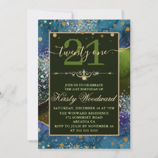 Blue & Green & Gold Glitzer Agate Birthday Party Einladung