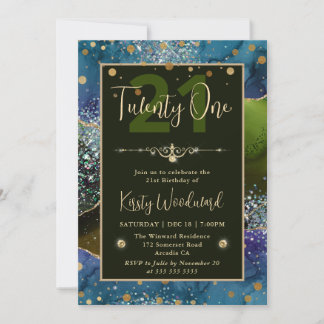 Blue & Green & Gold Glitzer Agate Birthday Party Einladung