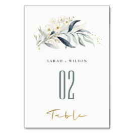 Blue Green Gold Leafy Botanical Floral Wedding Tischnummer