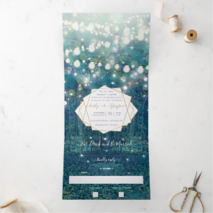 Blue Green Gold Rustic Chic Forest Wedding Dreifach Gefaltete Einladung