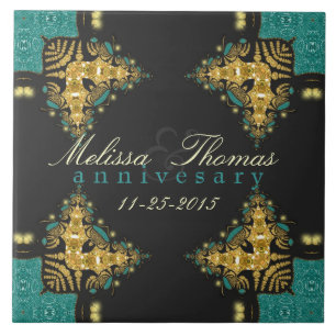 Blue Green +Gold Tribal Anniversary Keepake Tile Fliese