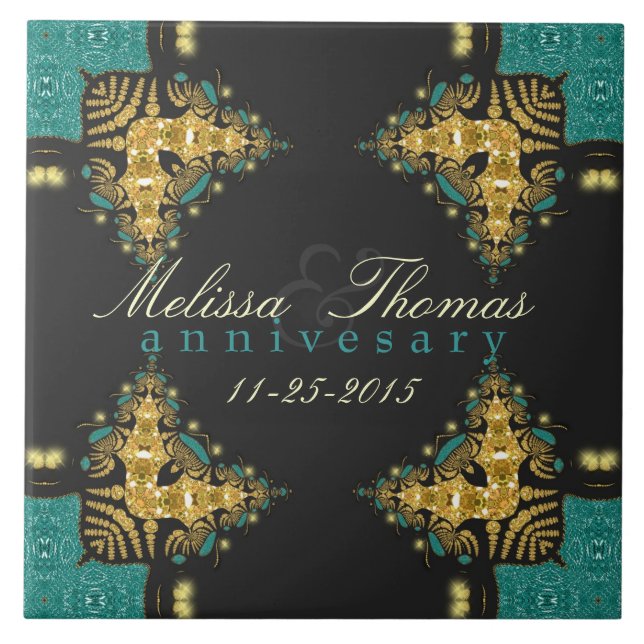 Blue Green +Gold Tribal Anniversary Keepake Tile Fliese (Vorderseite)