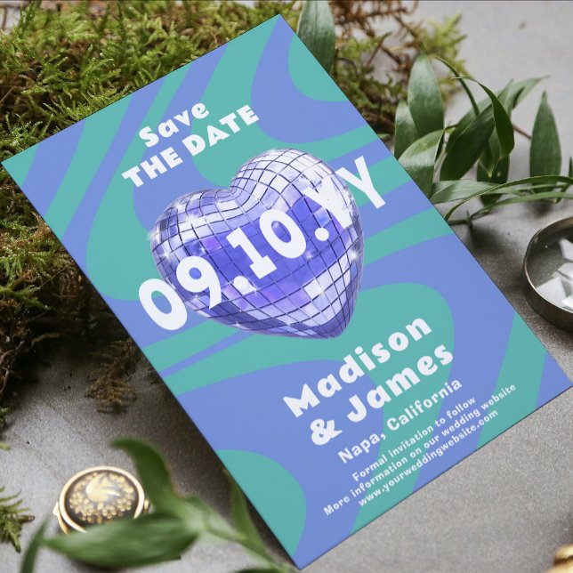 Blue Green Groovy Trendy Modern Disco Foto Save The Date (Von Creator hochgeladen)