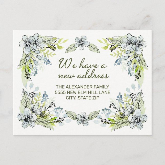 Blue Green Hand Drawing Blume Neue Adresse Ankündigungspostkarte (Vorderseite)