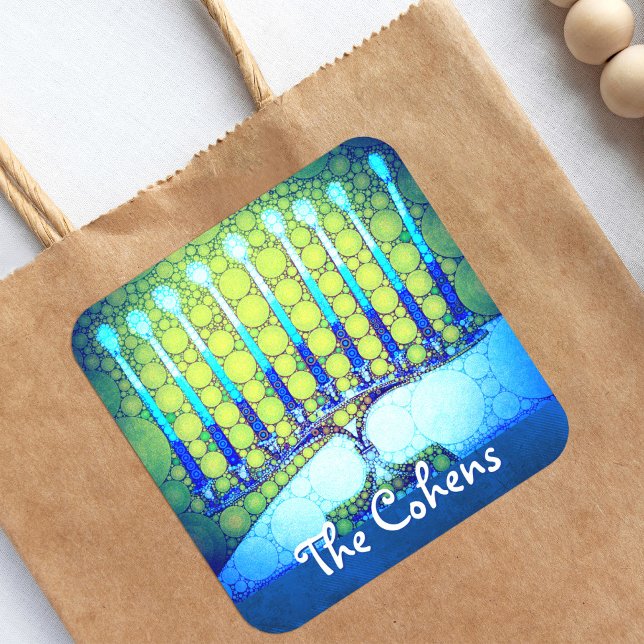 Blue Green Hanukkah Menorah Hinzufügen Sie Ihren N Quadratischer Aufkleber (Von Creator hochgeladen)