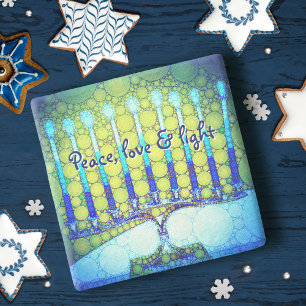 Blue Green Hanukkah Menorah Peace Liebe Light Bold Steinuntersetzer
