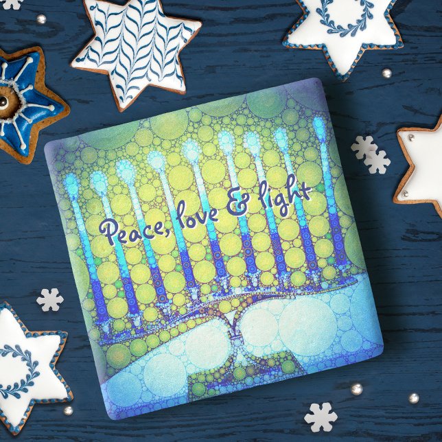 Blue Green Hanukkah Menorah Peace Liebe Light Bold Steinuntersetzer (Von Creator hochgeladen)