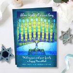 Blue Green Hanukkah Menorah Shine Bright Script Feiertagskarte<br><div class="desc">"Shine hell die ganze Saison lang." Eine nah-up Foto Illustration einer hellen, farbenfrohen, blauen künstlerischen Menorah hilft Ihnen, den Urlaub von Hanukkah zu beginnen. Genießen Sie die Wärme und Freude der Urlaubssaison, wenn Sie diese atemberaubende, farbenfrohe Hanukkah-Grußkarte schicken. Passende Umschläge, Aufkleber, Totbeutel, Packpapier, Serviertablette und andere Produkte sind in meiner...</div>