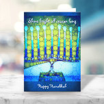 Blue Green Hanukkah Menorah Shine Bright Zitat Feiertagskarte<br><div class="desc">"Shine hell die ganze Saison lang. Happy Hanukkah." Eine nah-up Foto-Abbildung einer hellen, farbenfrohen, aquamarinen blauen künstlerischen Menorah hilft Ihnen, den Urlaub von Hanukka zu beginnen. Genießen Sie die Wärme und Freude der Urlaubssaison, wenn Sie diese atemberaubende, farbenfrohe Hanukkah Grußkarte schicken. Im Inneren personalisieren Sie Ihren bedruckten Gruß und Namen,...</div>
