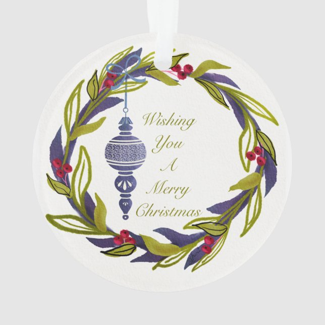 Blue Green Holiday Wreath Frohe Weihnachtsschmuck Ornament (Rückseite)
