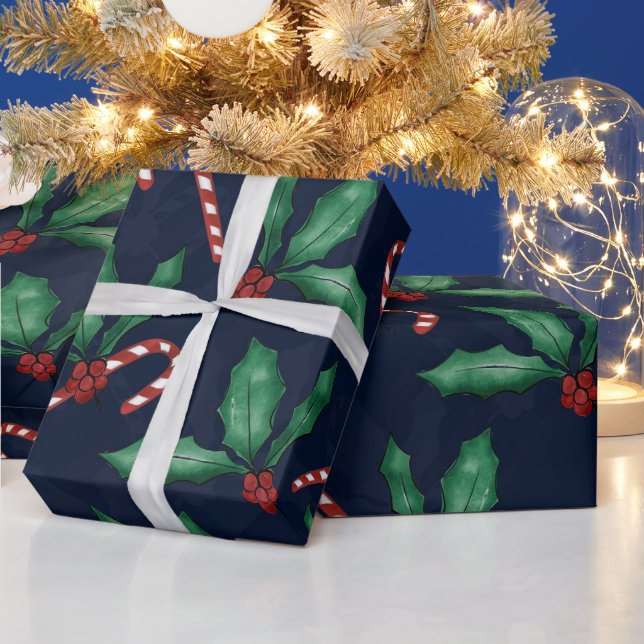 Blue Green Holly Verlasse Red Berries Candy Cane Geschenkpapier (Feiertage)