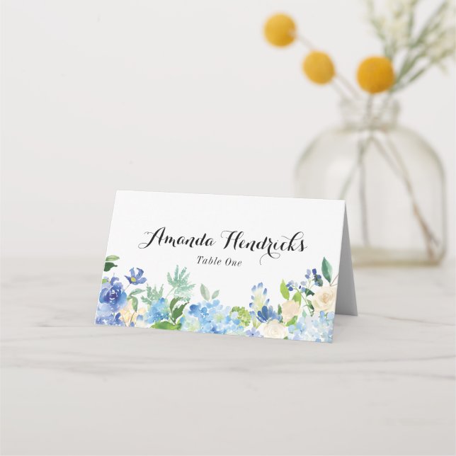 Blue Green Hydrangea Blume Wedding Escort Card Platzkarte (Vorderseite)