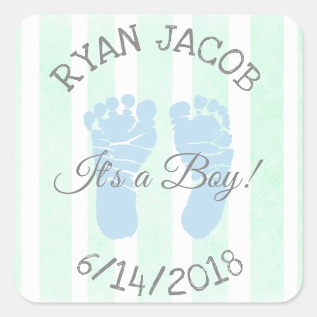 Blue Green It a Boy Footprints Baby Dusche Quadratischer Aufkleber (Vorderseite)