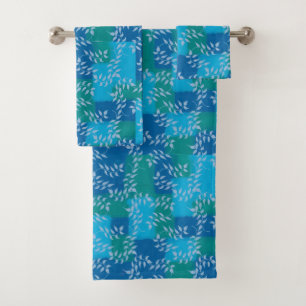 Blue Green Ivy Leaf Watercolor Badhandtuch Set