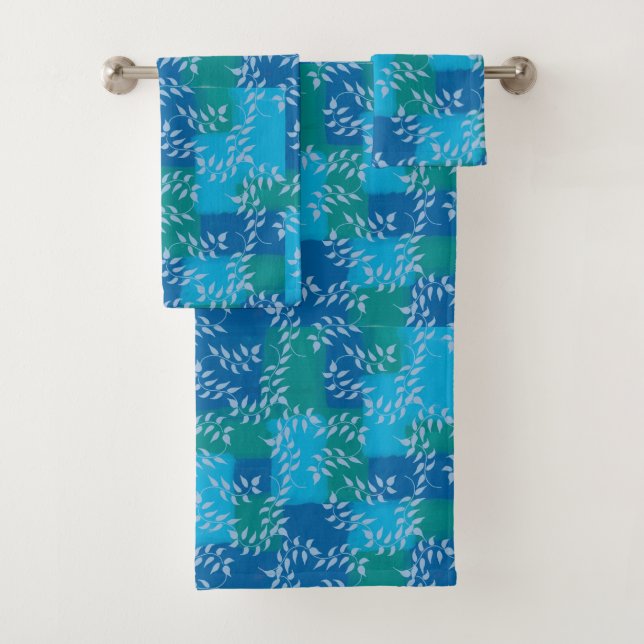 Blue Green Ivy Leaf Watercolor Badhandtuch Set (Insitu)
