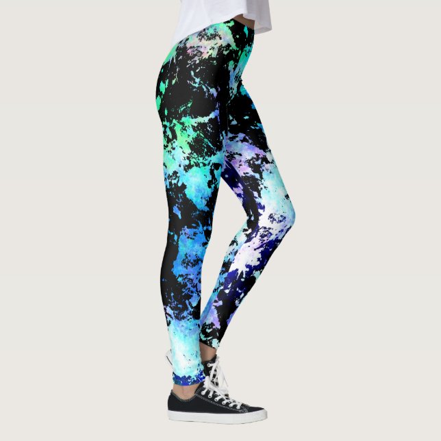 Blue Green Lila Paint Splash Abstrakte Leggings (Rechts)