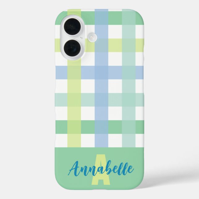 Blue Green Limon Pastel Gingham Pattern Monogram Case-Mate iPhone Hülle (Rückseite)