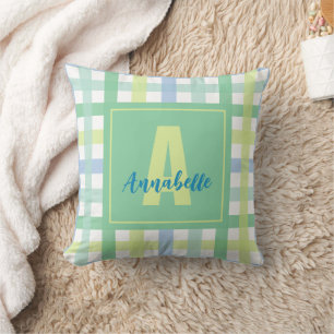 Blue Green Limon Pastel Modern Gingham Monogram Kissen