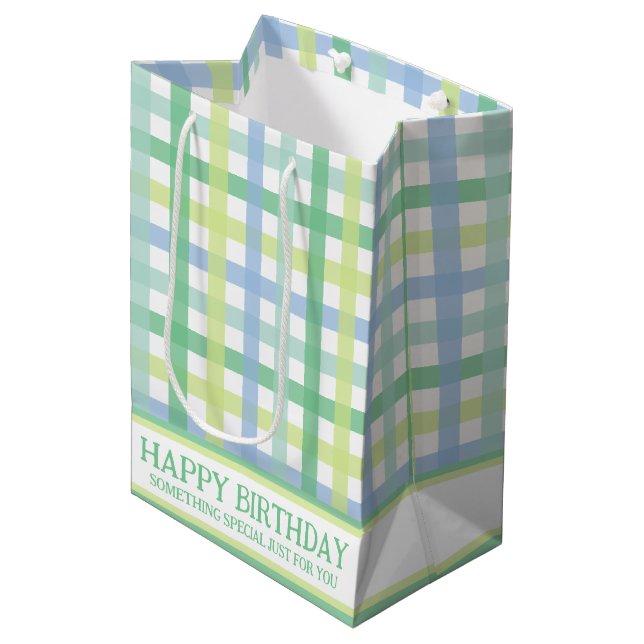 Blue Green Limon Pastel Modern Gingham Pattern Mittlere Geschenktüte (Vorderseite Schrägansicht)