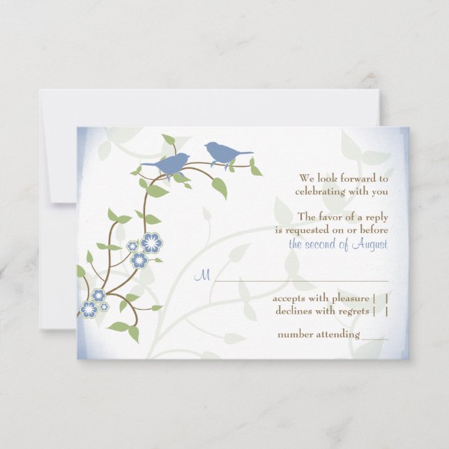 Blue Green Lovebirds Wedding RSVP Replik Card (Vorderseite)