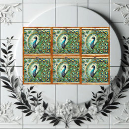 Blue Green Majestic Peacock Golden Feathers Motif Fliese