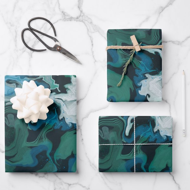 Blue Green Marbour Brushstrokes Handmade Art Geschenkpapier Set (Vorderseite)