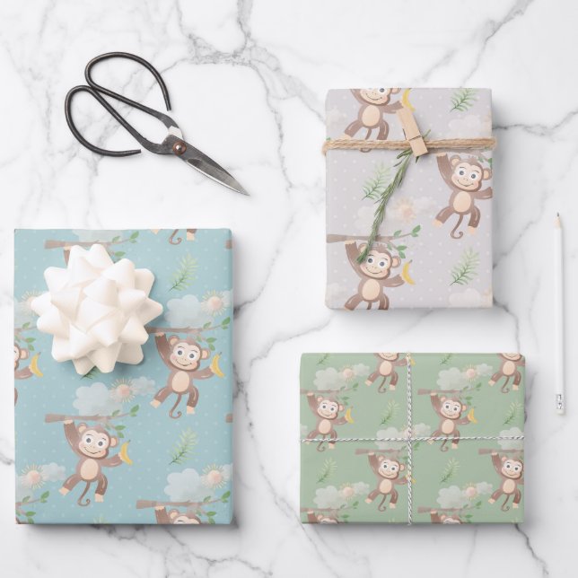 Blue Green Monkey Treuds Baby Dusche Geschenkpapier Set (Vorderseite)