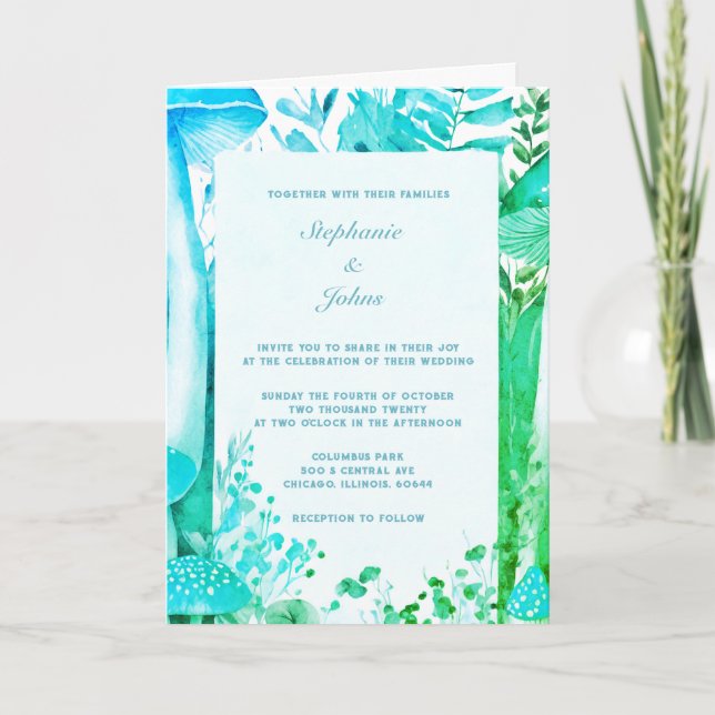 Blue Green Mushroom Woodland Abstrakt Boho Wedding Einladung (Vorderseite)
