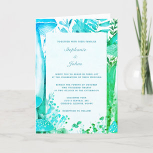 Blue Green Mushroom Woodland Abstrakt Boho Wedding Einladung