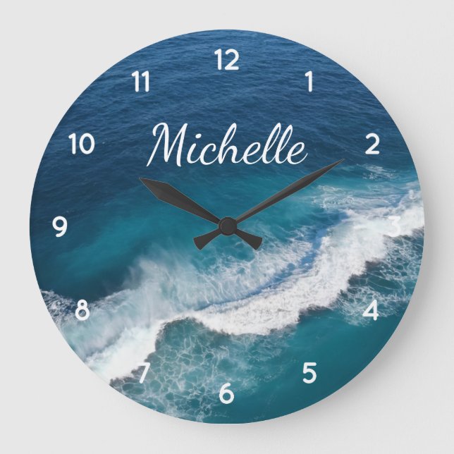 Blue Green Ocean Summer Beach Waves Individuelle N Große Wanduhr (Vorderseite)
